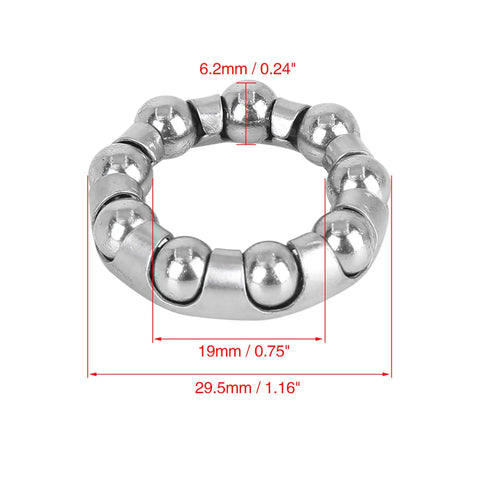 12 Pack Bicycle Ball Bearing Cages With 9 Balls Each, 29.5mm Outer Diameter, 19mm Inner Diameter, showing steel balls and size