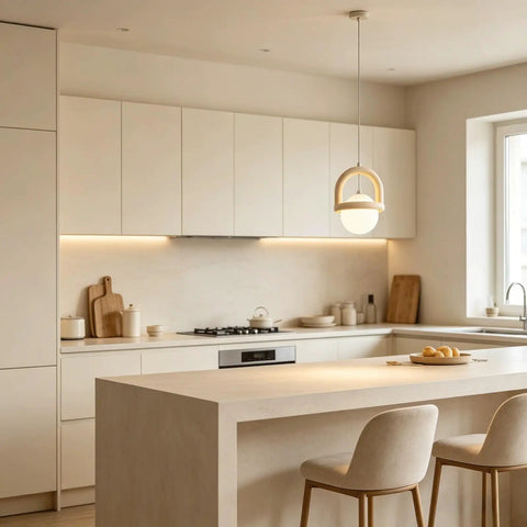 HLRCB Indoor Pendant Light, Cream White, Globe Shade Suspended Mount hanging over a modern kitchen island with soft lighting.