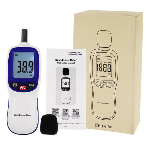 Portable Bluetooth Decibel Meter With Data Logging And Smartphone App Connectivity, Records 30 To 130 DBA Noise Levels, Includes Data Hold, Max Min Alarm, And Backlit LCD Display For Easy Readouts, handheld in box