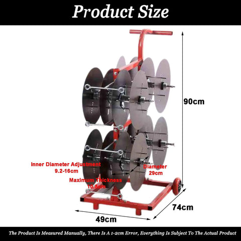 Transportable Wire Spool Rack Dispenser With 8 Rods Multi Spool Organizer in metal frame with ABS and dimensions labeled