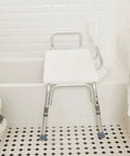 Adjustable Height Shower Bench And Transfer Chair For Elderly And Disabled With No Tools Needed And Easy To Level Tub Seat in white bathroom