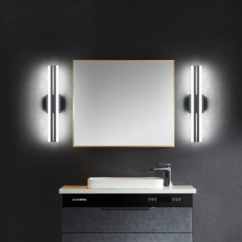 32 Inch Modern Chrome LED Vanity Light Over Mirror Dimmable Bathroom Wall Fixture With Frosted Acrylic Shade And Matte Black Base Easy Direct Wire Install Soft Bright Glow For Home Renovation