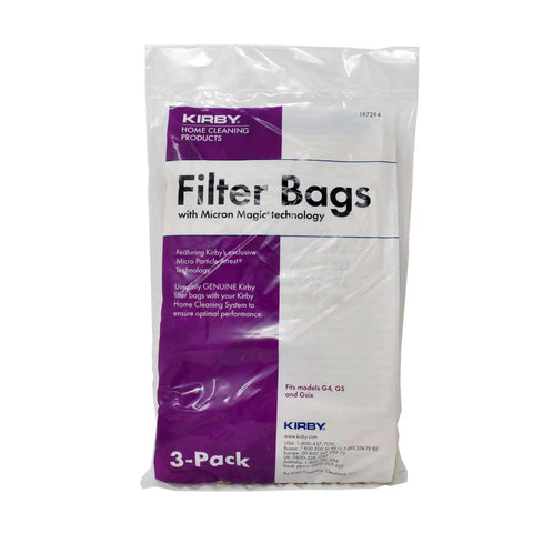 3-pack Kirby filter bags for G4 G5 G6 vacuums with Micron Magic technology in clear packaging