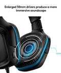 Close-up of the Wired Gaming Headset With 7.1 Surround Sound And DTS Headphone:X 2.0, showing 50mm drivers and leatherette ear pad.