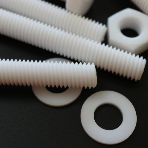 Top Shelf Natural PTFE Hex Head Bolts M10 X 100mm Screw Set Drops Right Into Place With Nuts And Washers on a black background.