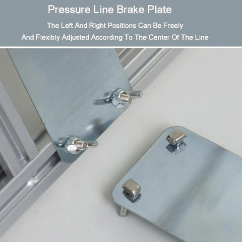 Close-up of adjustable pressure line brake plate with metal components visible against a grey background, showcasing industrial setup.