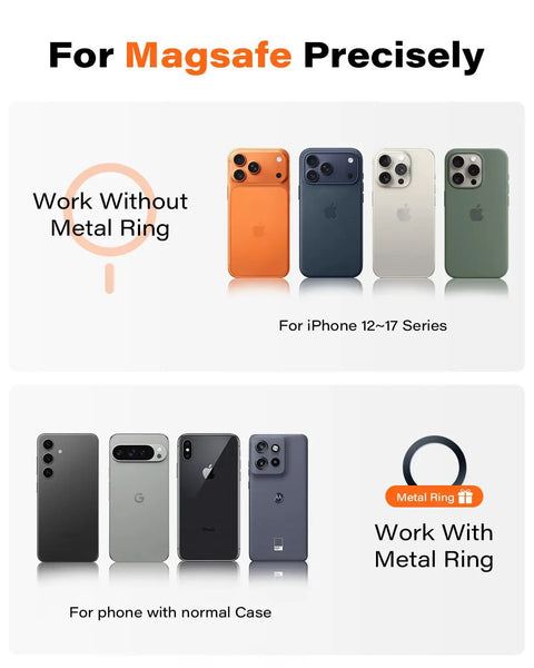 Diagram showing Fold Magnet Golf Cart Phone Holder compatibility with iPhone 12-17 series and phones with metal ring cases.
