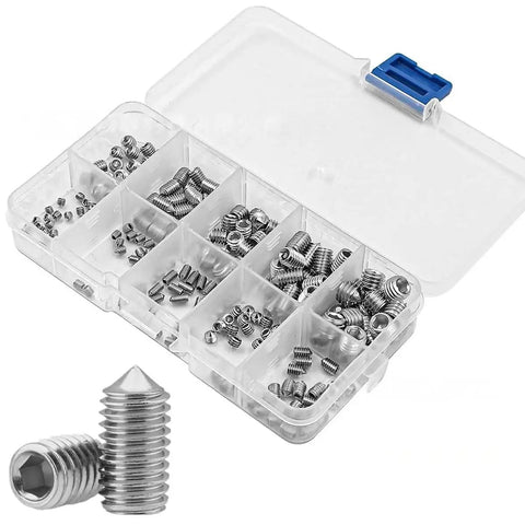 200 Piece M3 To M8 Cone Point Set Screws Kit 304 Stainless Steel Internal Hex Allen Head Grub Screws in clear storage case