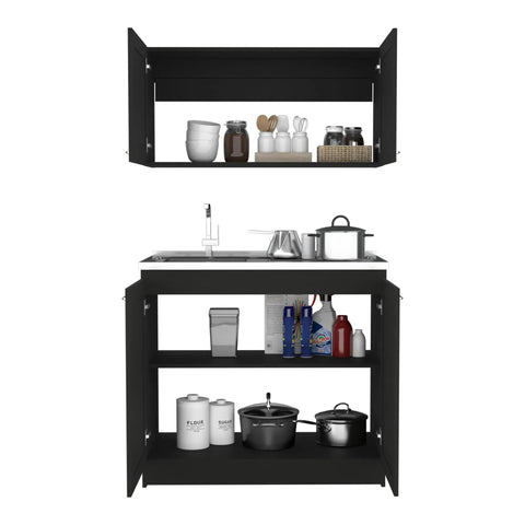 Clean Lines Two Piece Media Console Built From Tough Engineered Wood, Reliable Storage Cabinet For Your Sick Setup And Daily Grind In Sleek Matte Black Finish With Easy Assembly, showcasing open shelving and kitchenware.