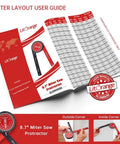 Precision Laser Etched 8.7 Inch Miter Saw Protractor and Heavy Duty Angle Finder user guide showing measurements and angles on a red background.
