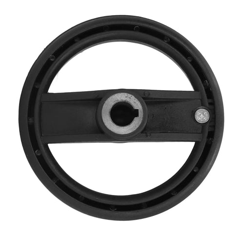 Top view of a 3.9 Inch Two Spoke Hand Wheel With Folding Revolving Handle For Milling Machines And Lathes Black Finish 12mm Center Bore Diameter