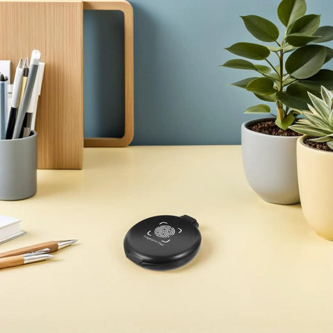 Quick Dry Fingerprint Ink Pad Mini Stamp Pads Two Pack Blue Mess Free Reusable Thumb Mark on office desk with plants.