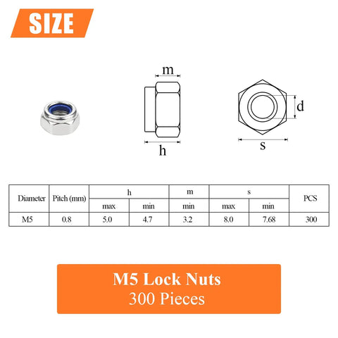 300 Pack M5 Nylon Insert Hex Lock Nuts 0.8Mm Coarse Thread Stainless Steel 304 diagram and specifications
