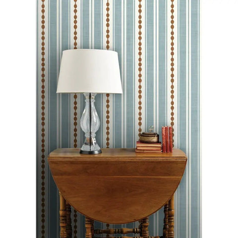 Durable Striped Wallpaper With Matte Linen Finish And Pvc Free Formula Built Tough For Busy Kitchens Baths And Hallways Featuring Classic Paste To Paper Install, showcasing blue stripes and brown accents.