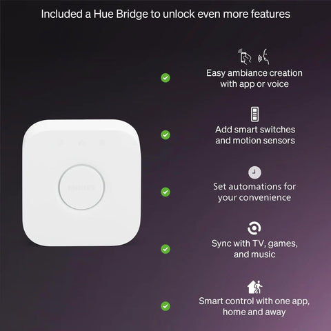 Smart Lighting Starter Kit With Bridge And Four Color Ambiance E26 Bulbs, 2200K To 6500K Dimmable features and Hue Bridge image