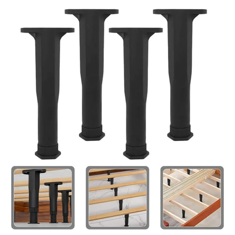 6 Pack Black Adjustable Height T Shaped Bed Frame Support Legs displayed with installation examples.