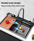 Stainless Steel 304 Kitchen Sink with Removable Faucet 75x46x22cm Double Design showing double track design with cutting board and vegetables.