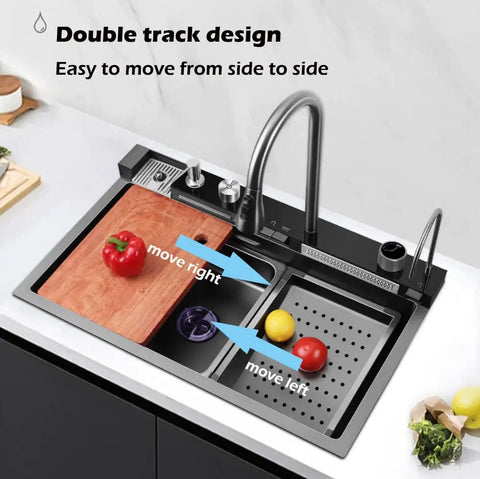 Stainless Steel Sink with Detachable Faucet Ello da Raindance Design Dual Waterfall (80×46×22cm) - Perfect for Home Use, showing double track design with cutting board.