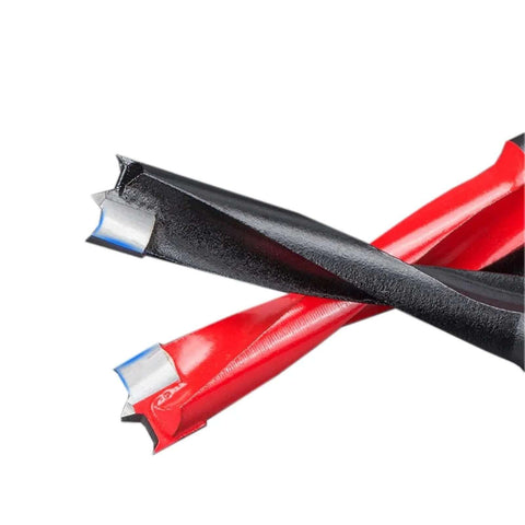 Close-up of two-flute carbide woodworking drill bits; red and black coated bodies