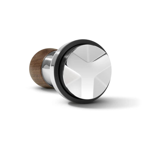 Pro 58 Mm Espresso Powder Distributor With Tough Walnut Handle And Stainless Steel Tines shown at an angle for home barista use.