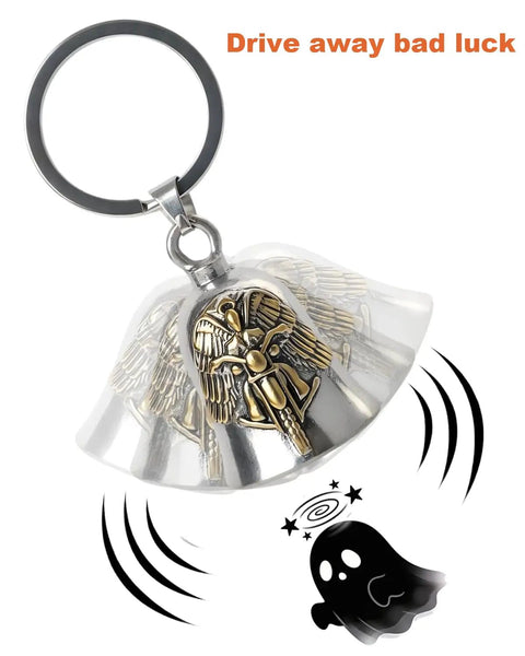Gremlin Bell Good Luck Charm Motorcycle Keychain For Bikers Ride Safe Protector Against Bad Luck And Mechanical Trouble Guardian Angel Talisman For Your Ride With Silver And Gold Finish featuring a detailed angel design.