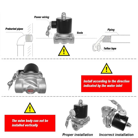 Energy Saving Direct Acting Normally Closed Solenoid Water Valve For Home And Industry, Fits One Quarter Inch One Eighth Inch One Half Inch Three Quarter Inch Fittings, Works With AC 220V Or DC 24V, 24 Hour Power, Color 2W500-50, Size DC Twelve Volt. installation diagram with piping and inlet direction