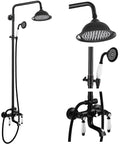 Oil Rubbed Bronze Shower Faucet Set With 8 Inch Rainfall Shower Head Handheld Spray Double Lever Handle Bathtub Spout Wall Mount