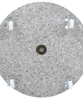 Top view of gray granite plate with wheels of Beefy Round Umbrella Base With Wheels For 1.5 To 1.9 Inch Poles, Granite Plate And Stainless Steel Tube.