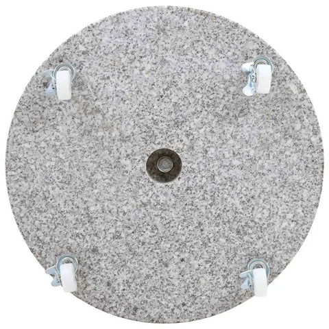 Top view of gray granite plate with wheels of Beefy Round Umbrella Base With Wheels For 1.5 To 1.9 Inch Poles, Granite Plate And Stainless Steel Tube.