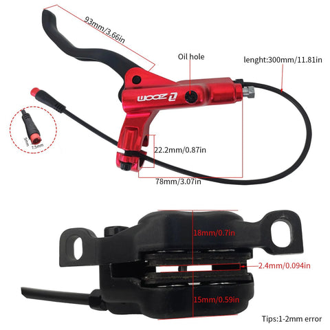 Front view: HAIKS Zoom HB876E hydraulic disc brake set red lever with hose and black caliper for 180mm rotors