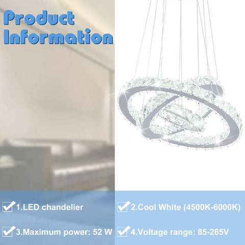 Modern LED Crystal Chandelier With Dope Three Ring Design, Adjustable Ceiling Light Fixture In Stainless Steel, Cool White 4500K 6000K, 52W, 85V-265V, Pendant Lighting For Living Room Dining Room Bedroom