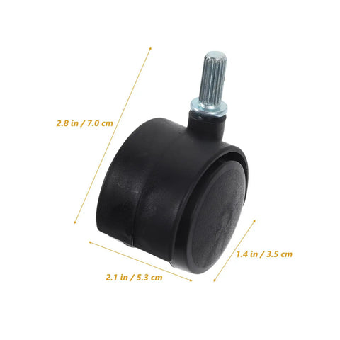 Close-up of a black stem caster wheel with measurements, part of 2 Pack Black Stem Caster Wheels Replacement For Laundry Racks And Under Bed Storage Heavy Duty Plastic And Iron Casters With Easy Glide Rolling Durable Mobility For Home Furniture Carts And Storage Racks.
