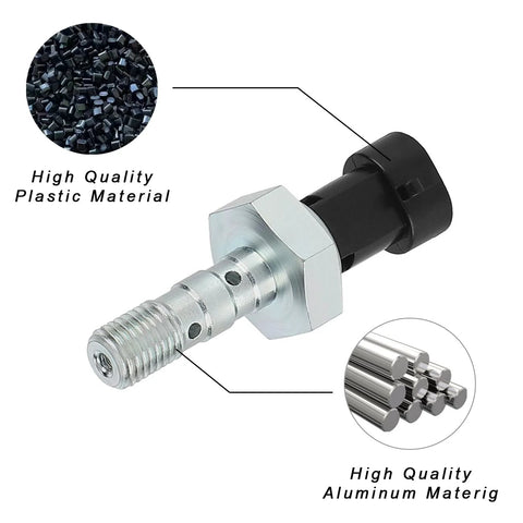 Brake pressure switch sensor with aluminum body, threaded stem, and black plastic connector.