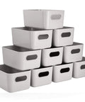 Ten Pack Gray White Plastic Storage Bins With Reinforced Handles For Home Organization And Closet Pantry Use Stackable Small Containers arranged in a pyramid shape.