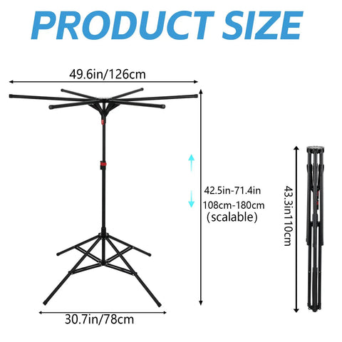 Outdoor Pool Towel Rack, Freestanding 42 to 71 Inch Adjustable Stand With Four Legs and Six Foldable Arms, dimension diagram.