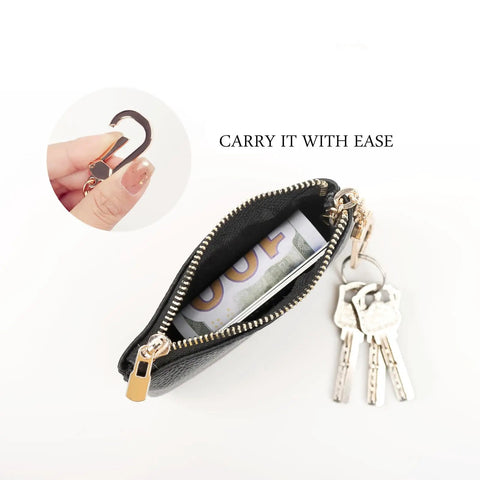 Full Grain Leather Coin Purse And Keychain Wallet With Slick Pull Zipper Closure Handy Card Slots Stylish Matte Black Finish showing keys and cash inside.