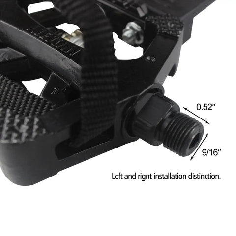 Close-up of axle fitting on Dual Function SPD Bike Pedals With Toe Clip Straps Cage For 9/16 Inch Axle, showcasing left-right distinction.