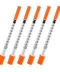 Five 1 mL syringes with 30G, 5/16 inch needles, orange caps, individually wrapped.