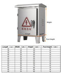 Heavy Duty 304 Stainless Steel Electrical Enclosure Box With Secure Safety Latch And Wall Mounting Plate shown with dimensions and warning label.