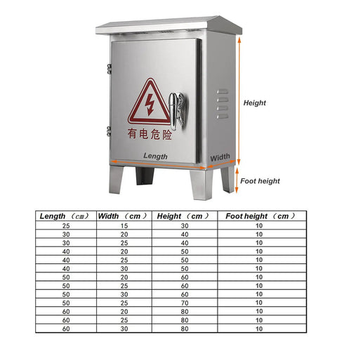 Heavy Duty 304 Stainless Steel Electrical Enclosure Box With Secure Safety Latch And Wall Mounting Plate shown with dimensions and warning label.