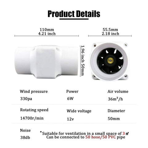 Detailed view of 50mm Inline Duct Fan 2 Inch 50mm Kit with specs: 6W, 12V, 36 m³/h, 330 Pa, quiet 38dB, suitable for attics, grow tents.