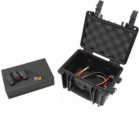 Knockout Waterproof Kayak Battery Box For Securely Housing 12V And Ah Batteries With Slick IP68 Rated Dual Two Pin Connectors. Open case showing connections.