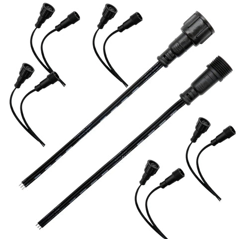 Six Pair Three Pin Xconnect Pigtail Connectors For Low Voltage Lighting System Copper Wire connectors and cables in black.