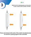 Instructional graphic showing how to pair a Three Way Wireless On Off Decorator Style Switch Kit For Easy Power Control And Smart Home Wiring