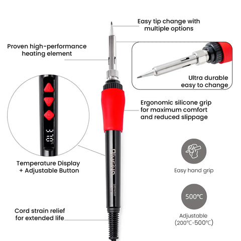 60W Digital Soldering Iron Kit With LED Display showing ergonomic grip, adjustable temperature button, and replaceable tip.
