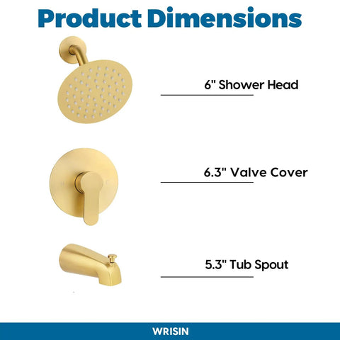 Diagram of Tub And Shower Faucet Set With Valve, Trim Kit And 6 Inch High Pressure Rain Showerhead For Bathroom Remodeling showing dimensions.