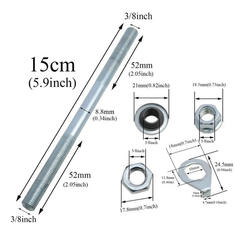 High Grade Carbon Steel Front Hub Axle for Road and City Bikes featuring 140 mm length and 3/8 inch diameter, silver finish with nuts.