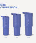 Size comparison of 20oz, 32oz, and 40oz insulated bottles in blue color, showcasing different capacities.