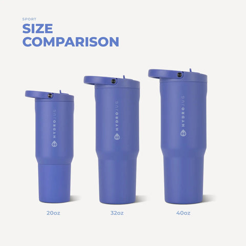Size comparison of 20oz, 32oz, and 40oz insulated bottles in blue color, showcasing different capacities.