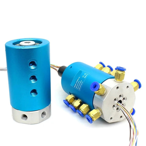 Rugged Electric Slip Ring With G1 8 Inch Port Built To Last For Pneumatic Rotary Joint And Rotary Union 2 4 6 8 Passages 6mm Size Ideal For Automation And Robotics Projects Durable Industrial Grade Easy Install, blue metal unit with wiring and ports